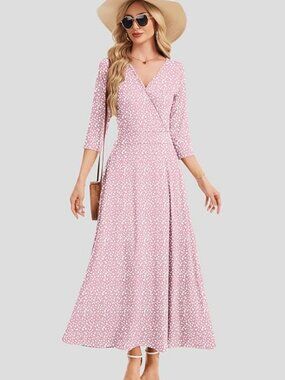 AUSELILY Maxi Dresses for Women 3/4 Sleeve V Neck Wrap Elegant Long Dress